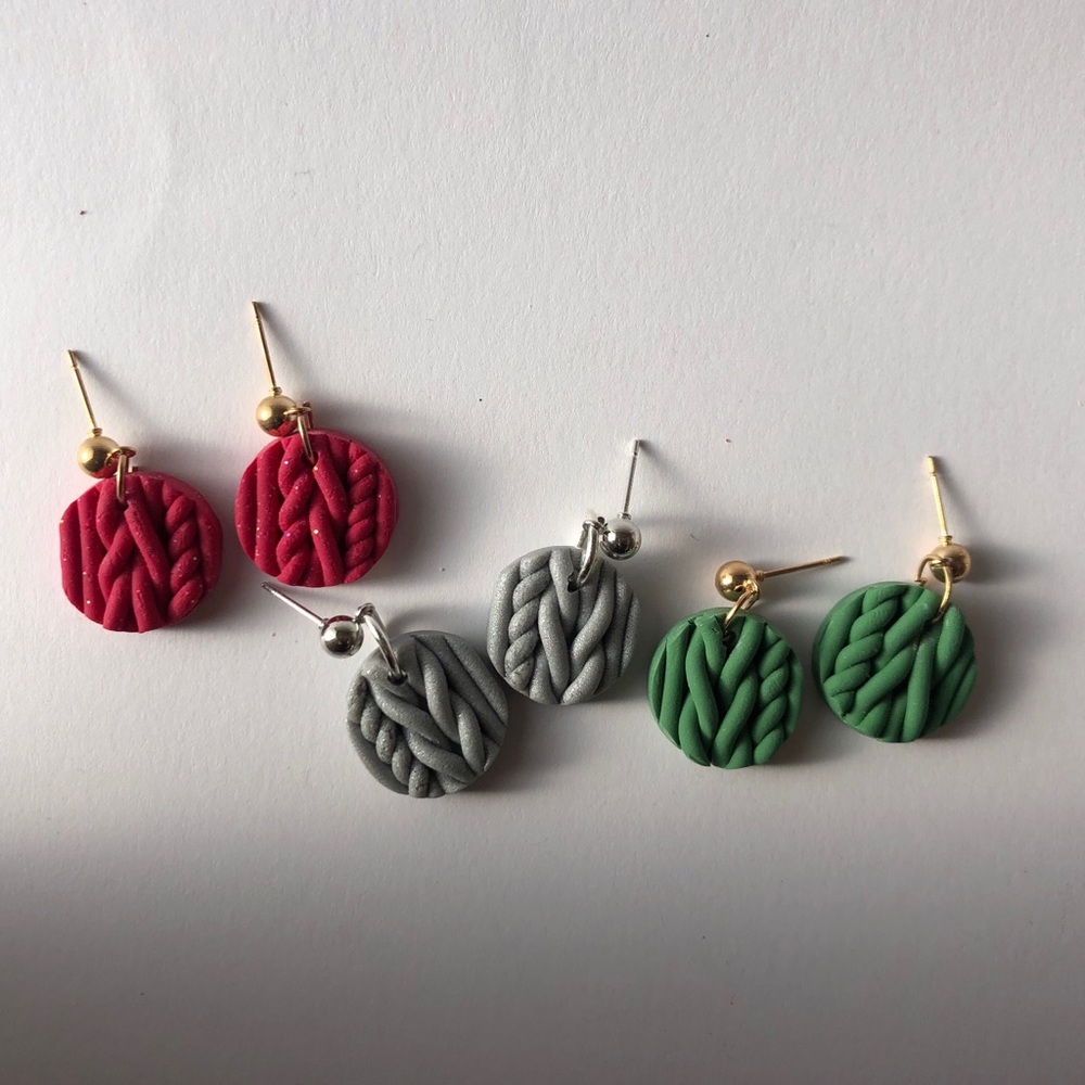 Set of 3 cable knit polymer clay earrings
